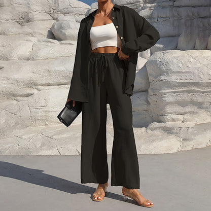 Women's Solid Color Lapel Long Sleeve Pants Set - Button-Up Casual Two-Piece Outfit With Drawstring Waist, Spring&Fall Lounge Wear