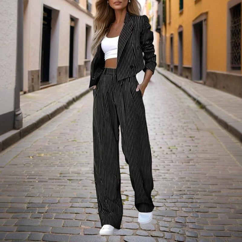 Striped Blazer Suit Set with Pleated Pants