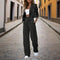 Women's Solid & Striped Long Sleeve Blazer Suit Set - Button-Up Cropped Top With Pleated Pants, Office Work Wear