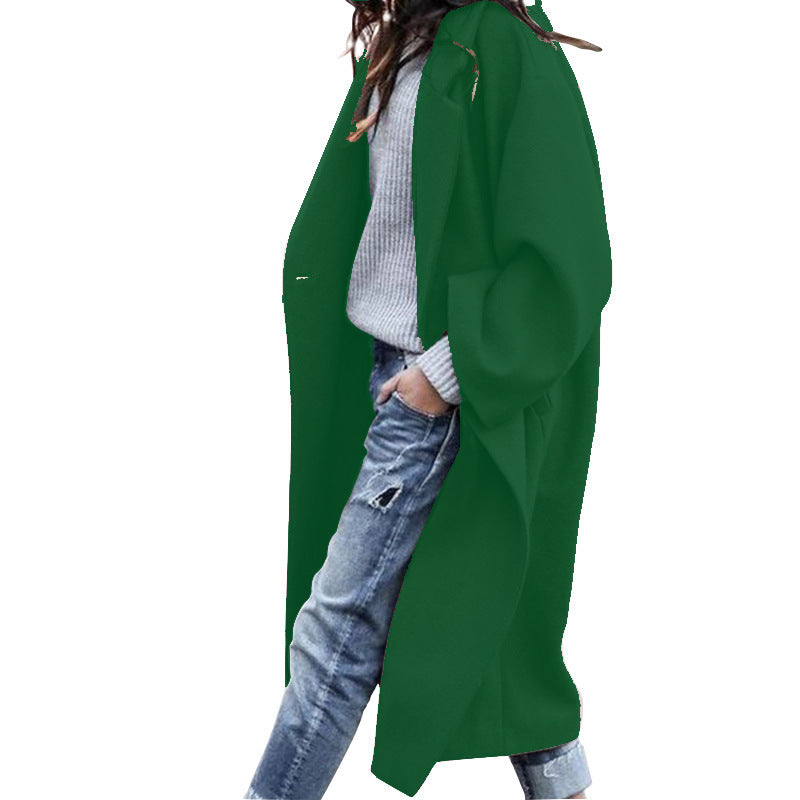 Long Woolen Coat with Pockets - Single Breasted Lapel Jacket