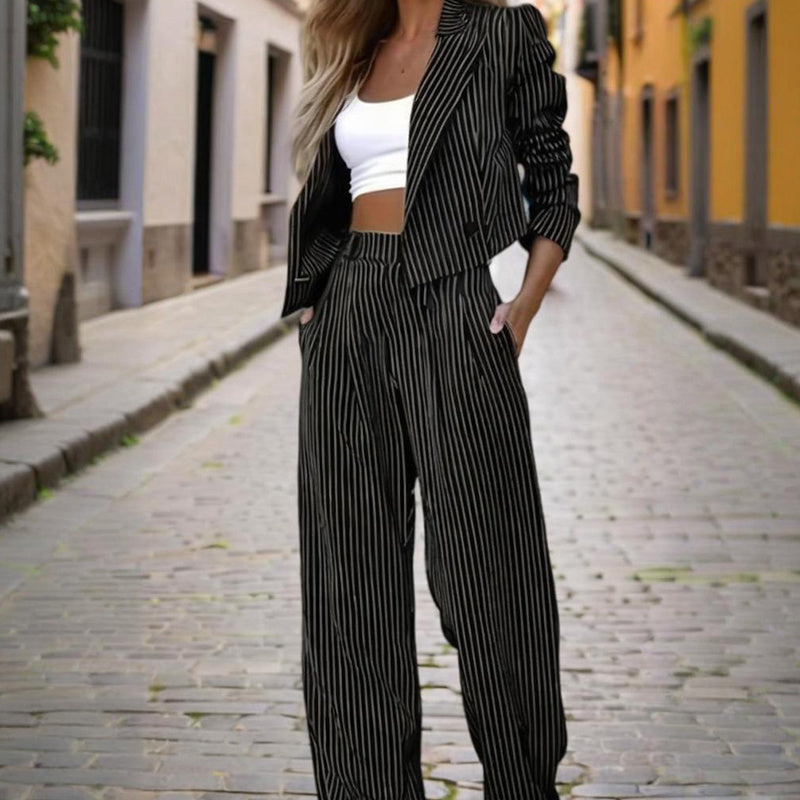 Striped Blazer Suit Set with Pleated Pants