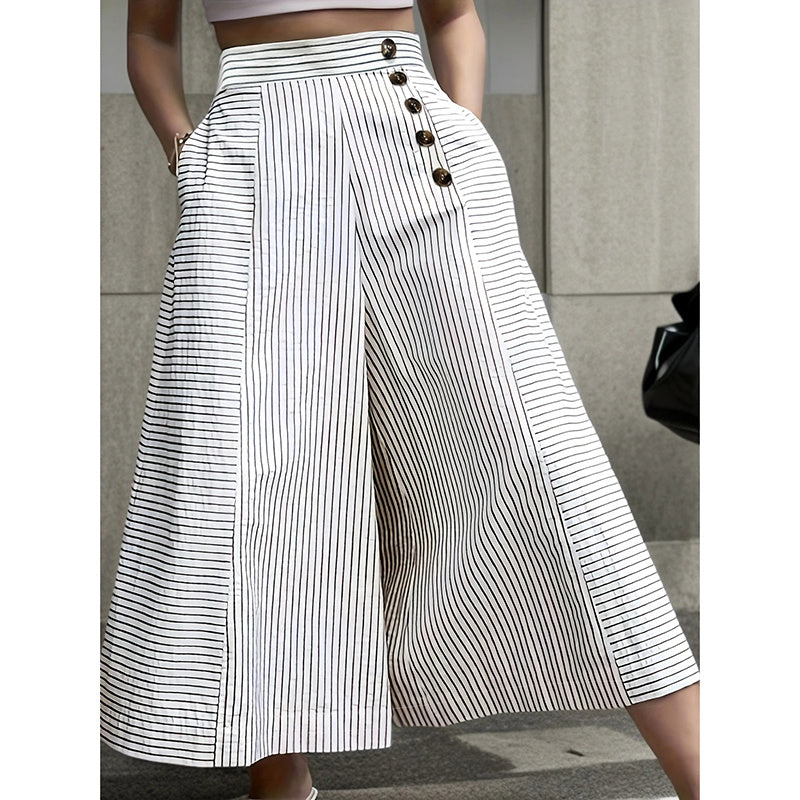 Striped Wide Leg Lounge Pants with Button Details