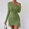 Women's Elegant Bodycon Dress - Round Neck With Button Detail, Solid Color Long Sleeve Lace Cuff & Drawstring Hem Holiday Dress