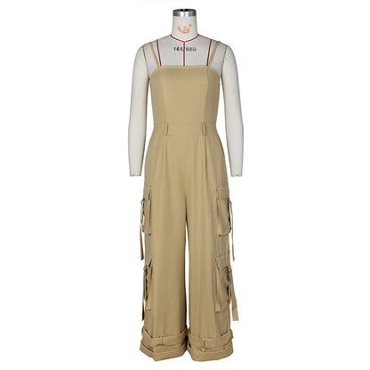 Women's Solid Color Sleeveless Jumpsuit - Wide Leg Romper With Adjustable Hem & 4 Pockets Summer Casual Outfit