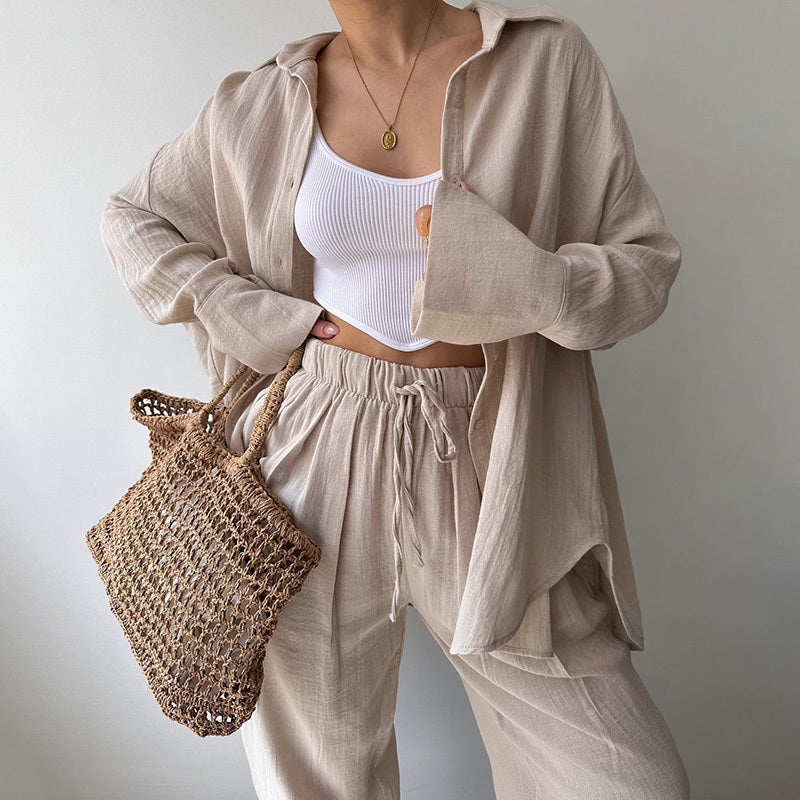 Lapel Collar Shirt & High-Waist Pants Set