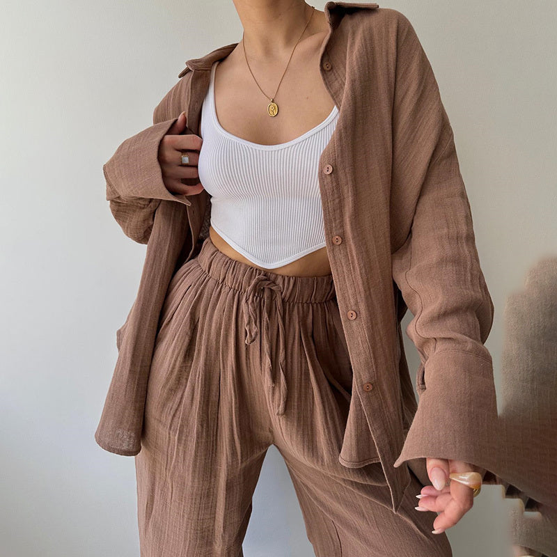 Lapel Collar Shirt & High-Waist Pants Set