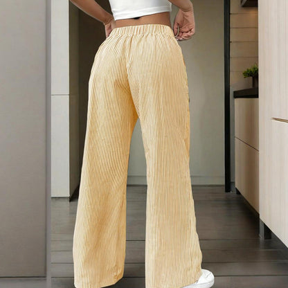 Women's Striped Wide Leg Pants With Pockets & Tie-Waist Detail - Casual Minimalist Trousers