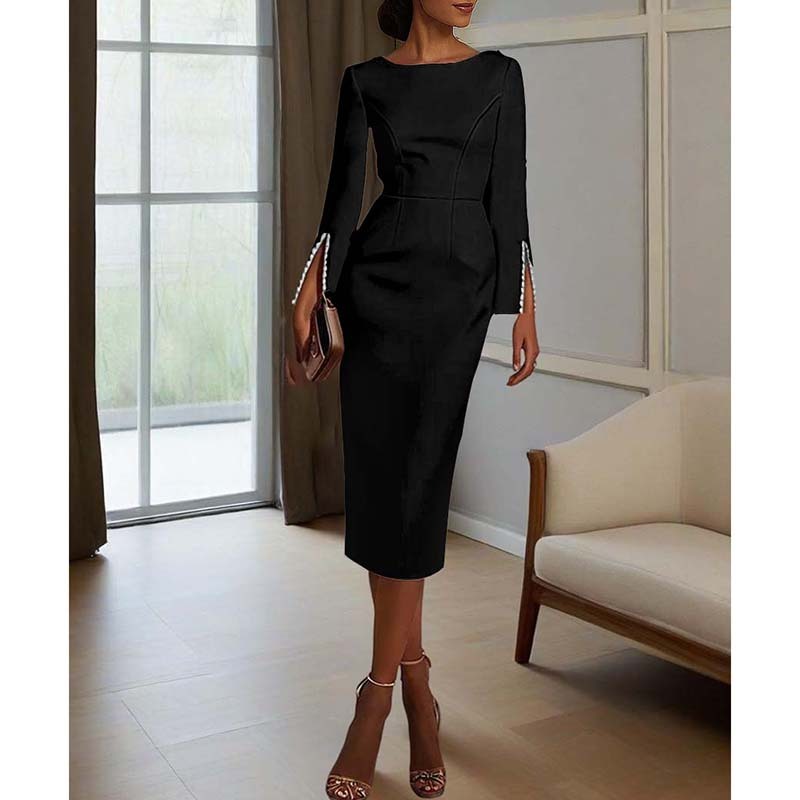 Pearl Accent Bodycon Midi Dress with Sleeve Split