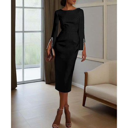 Women's Elegant Pearl Accent Bodycon Midi Dress With Sleeve Split & Back Zipper, Formal Cocktail Party Club Dress
