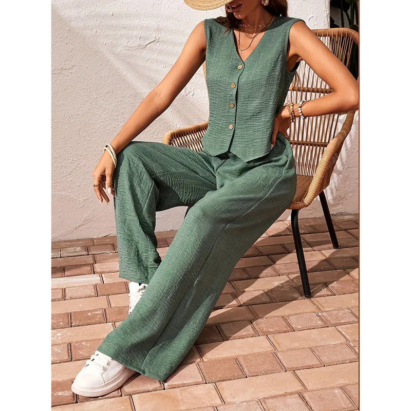Button V-Neck Crop Vest Blazer & Wide Leg Pants Suit