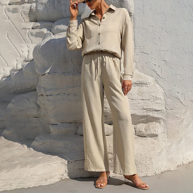 Lapel Button-Up Shirt & Drawstring Pants Set