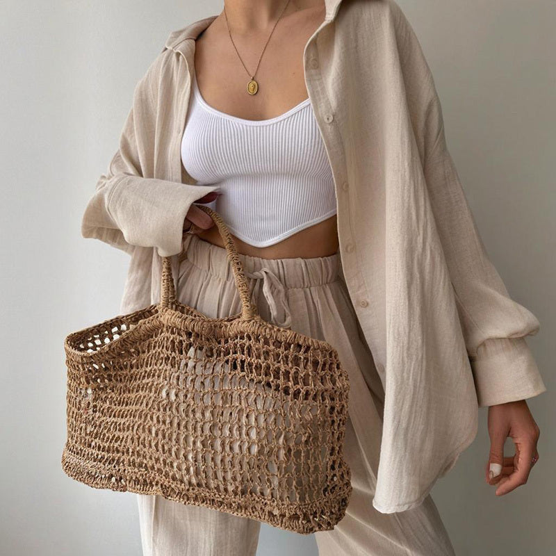 Lapel Collar Shirt & High-Waist Pants Set