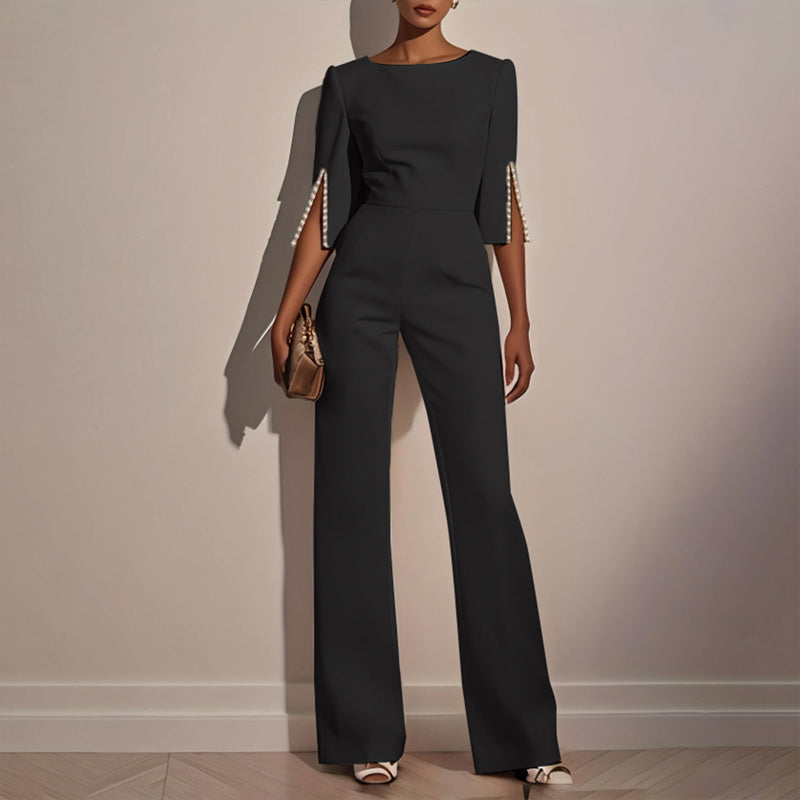 Elegant Round Neck Jumpsuit with Pearl Accents