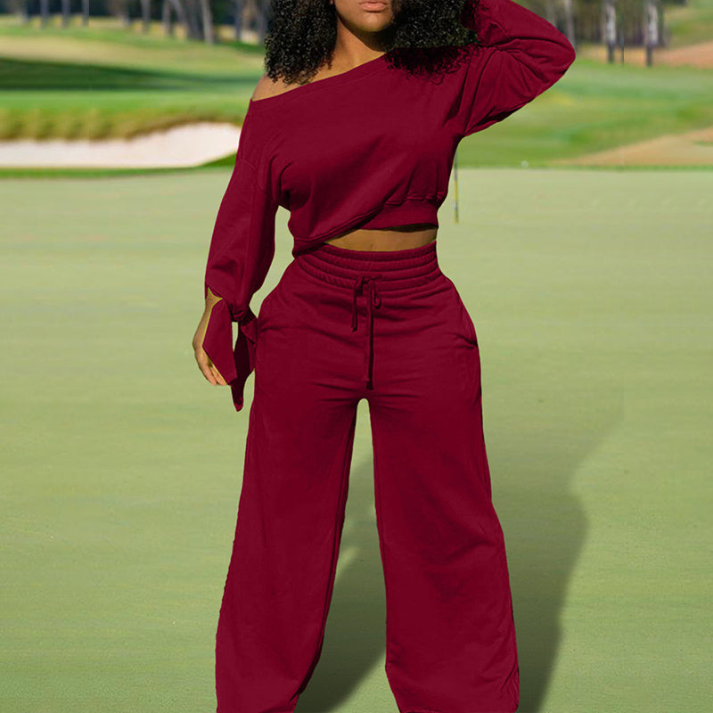 One-Shoulder Top & Pants Set with Pockets