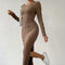 Women's Crew Neck Long Sleeve Ribbed Dress Side Slit Knit Bodycon Midi Dress