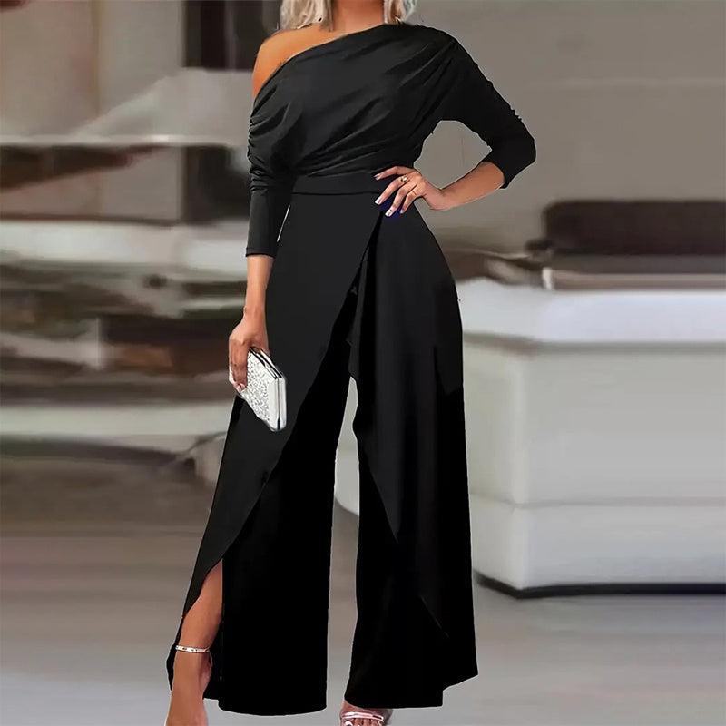 One-Shoulder Jumpsuit with Pleated Waist