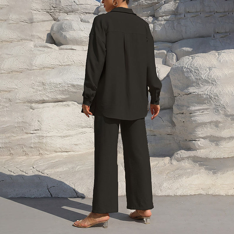 Lapel Button-Up Shirt & Drawstring Pants Set