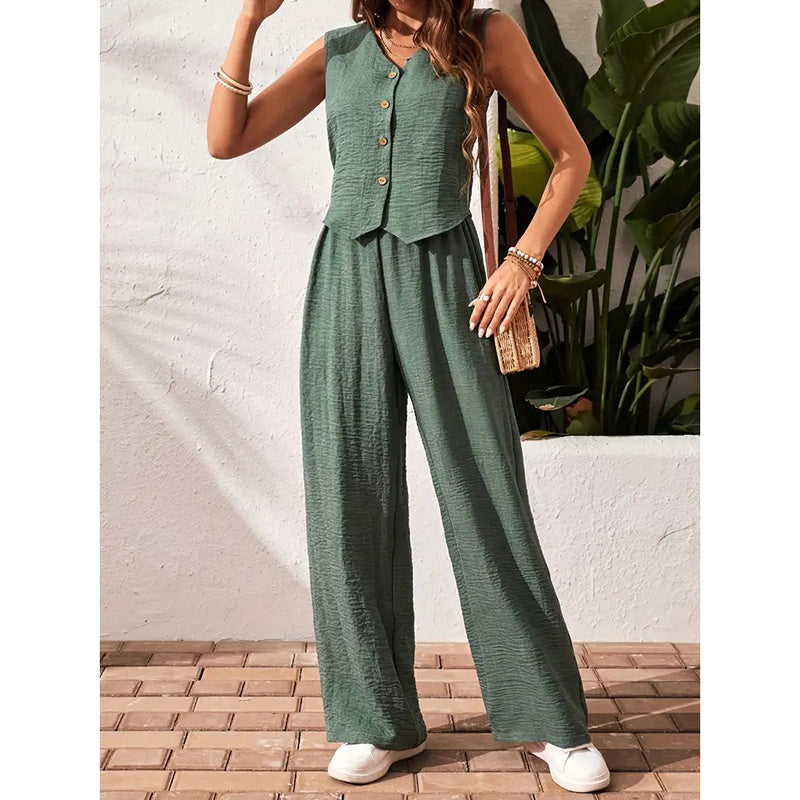 Button V-Neck Crop Vest Blazer & Wide Leg Pants Suit