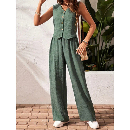 Button V-Neck Crop Vest Blazer & Wide Leg Pants Suit