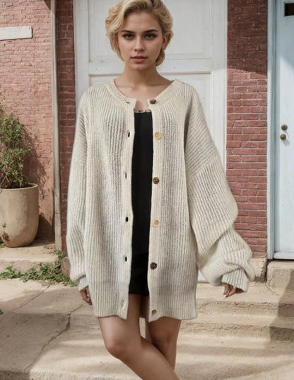 Women's Knitted Cardigan Sweater, Contrast Buttons, Chunky Knit, Gold Cuffs, Loose Long Sleeves, Spring Autumn Style
