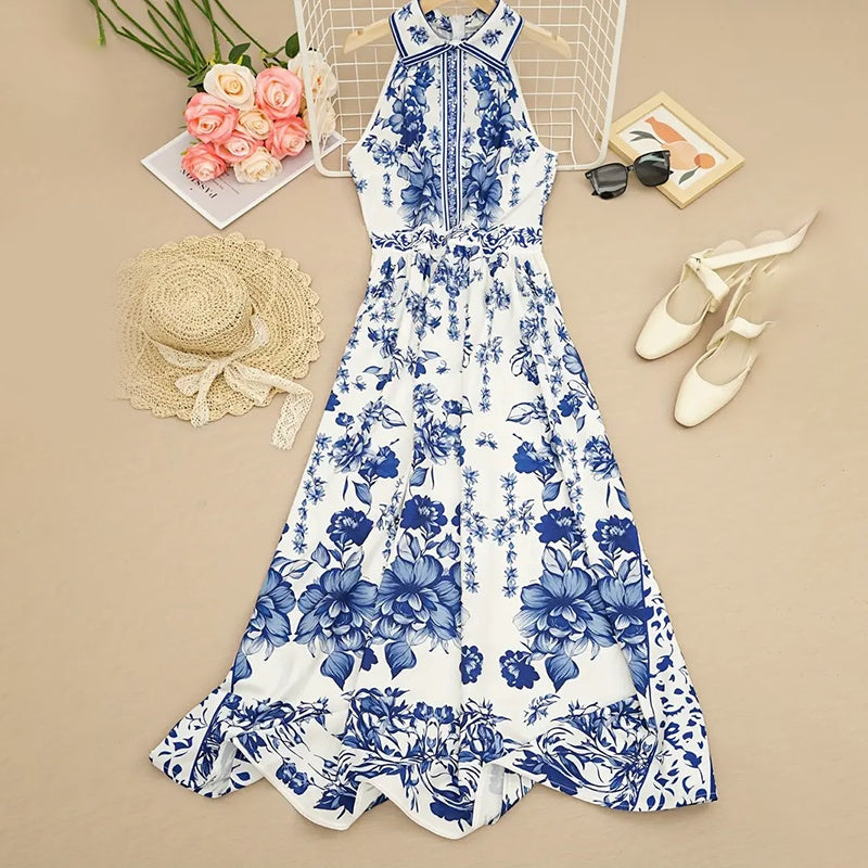 Floral Halter Maxi Dress with Tie Waist