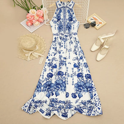 Women's Floral Print Halter Neck Maxi Dress - Tie-Waist A-Line Summer Dress