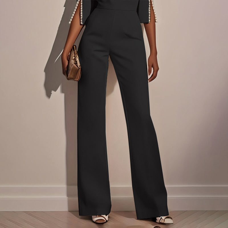 Elegant Round Neck Jumpsuit with Pearl Accents