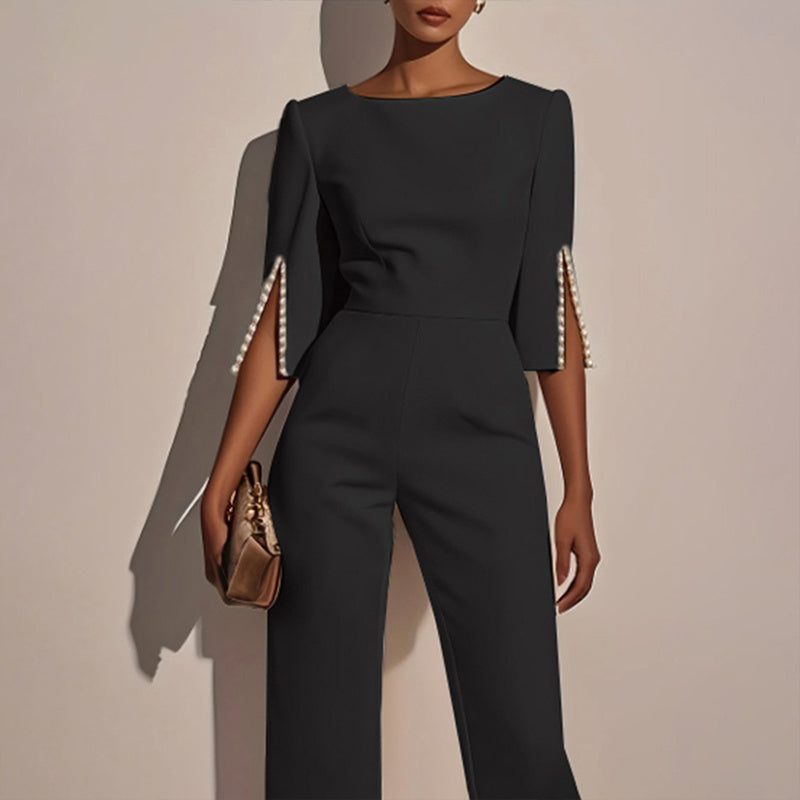 Elegant Round Neck Jumpsuit with Pearl Accents
