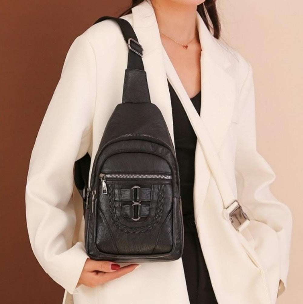 Multi-Pocket Crossbody Sling Bag - Vegan Leather