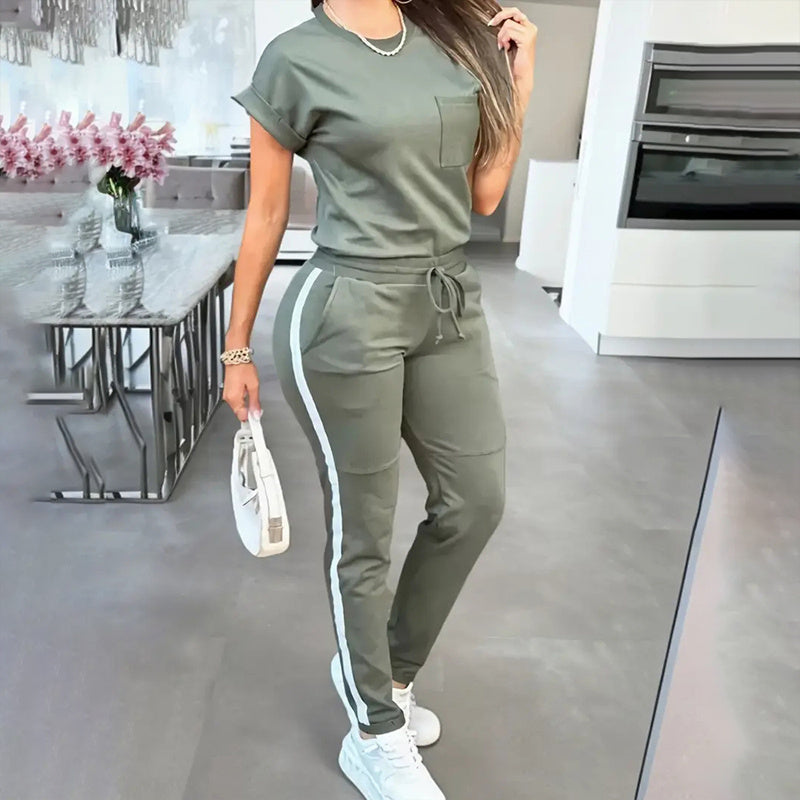 Short Sleeve Two-Piece Set with Stripe Trim