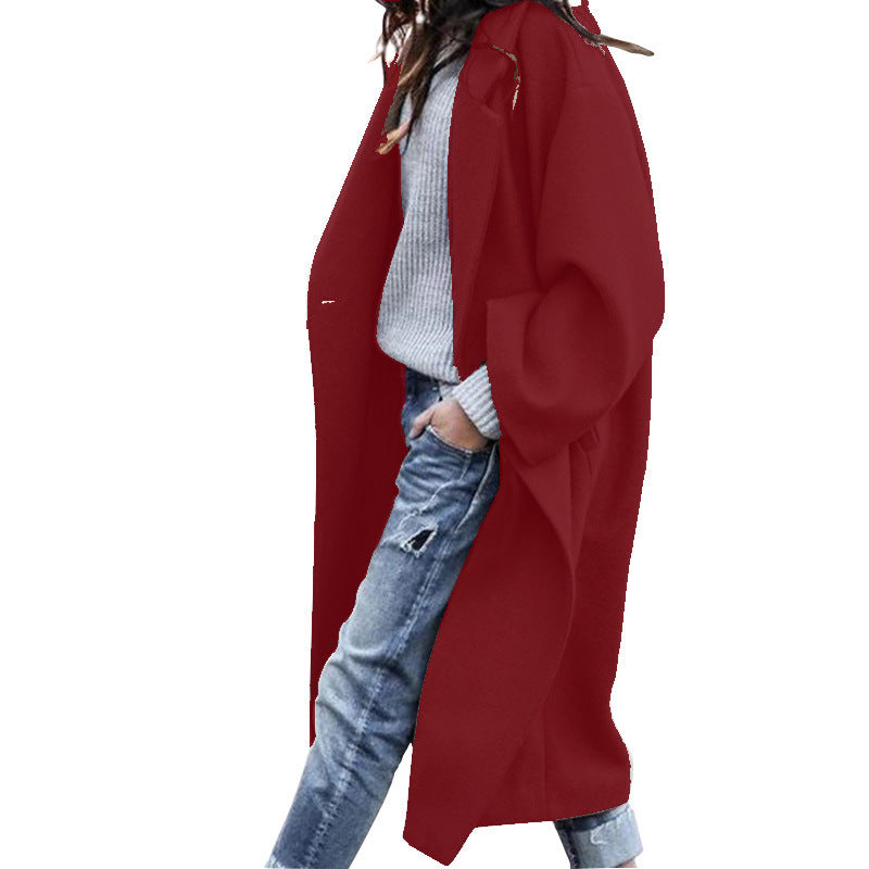 Long Woolen Coat with Pockets - Single Breasted Lapel Jacket