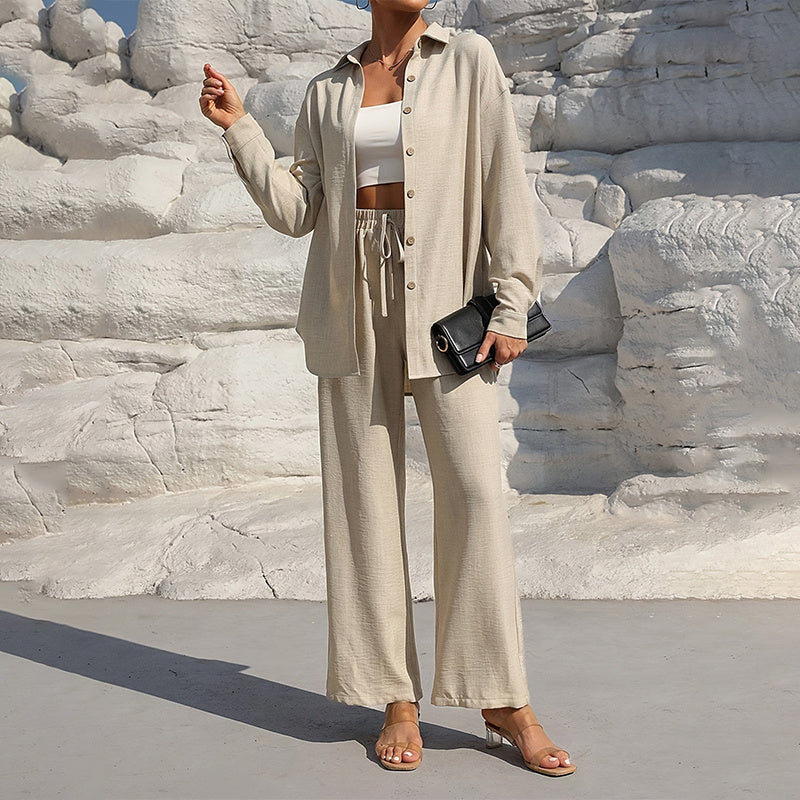 Lapel Button-Up Shirt & Drawstring Pants Set